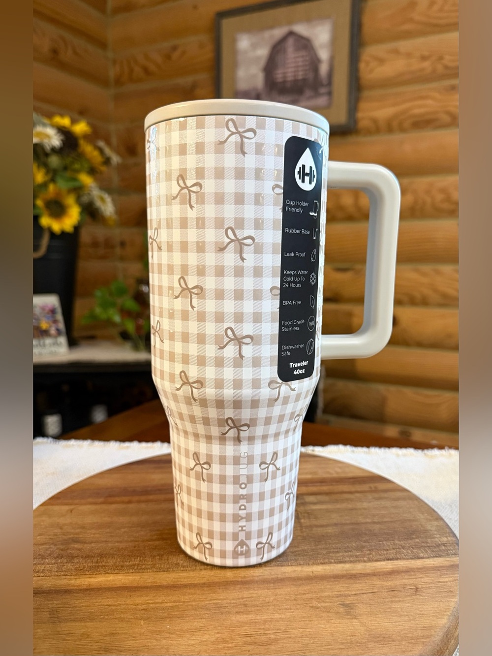SNICKERDOODLE HydroJug 40oz Traveler Straw Tumbler - Gingham Bow Pattern